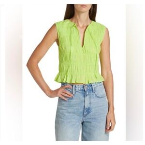 FRAME Smocked Sleeveless Shirred Top Chartreuse Lime Green Tie Neck Medium